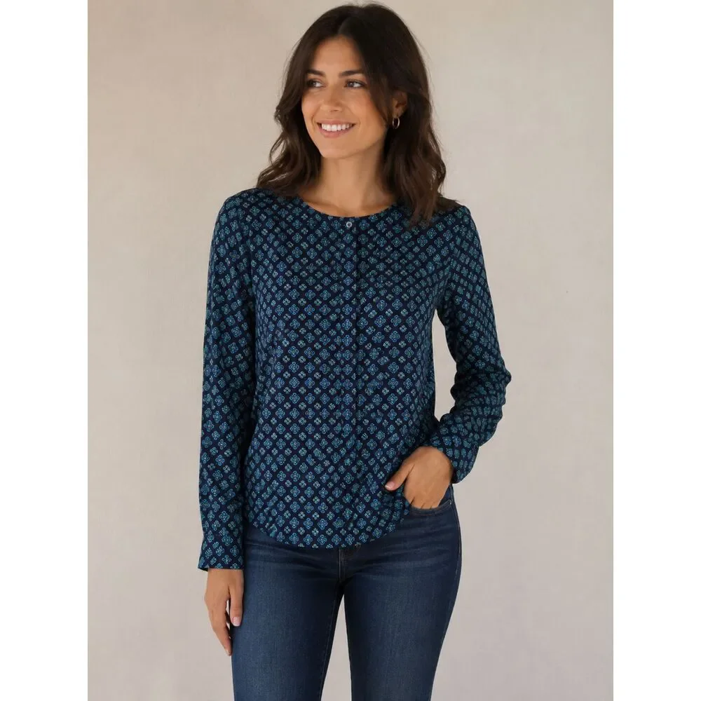 J.Crew Sz. XS Navy Blue Teal Geometric Print Hidden Button Neckline Blouse #19